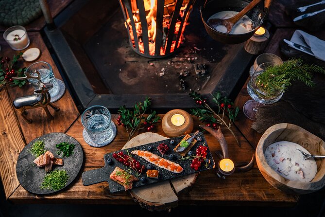 Santa Village Tour+Lapland Cuisine In Glass Igloo+Snow Scooters - Forest Lunch by a Fireplace