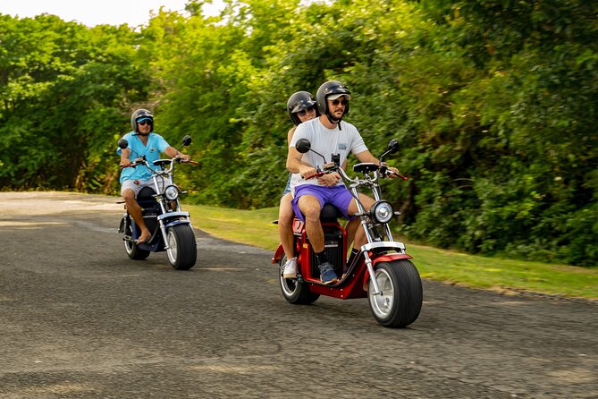 St.Lucia Beaches and Backroads Tour by Electric Big-Wheel Scooter - Learning the big-wheel scooter before Reduit Beach
